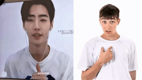 A Picture Of A Man With Ear Buds Next To A Picture Of A Man With His Hands On His Chest GIF