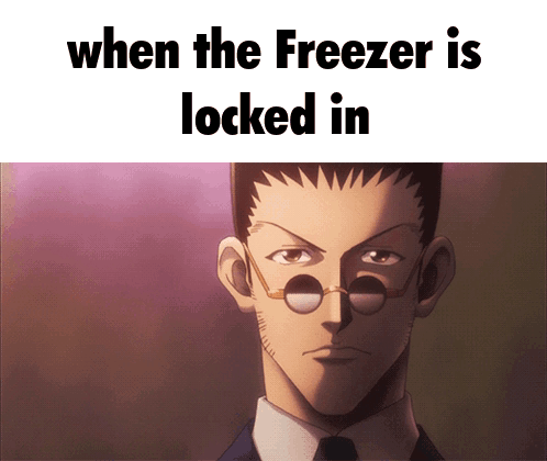 A Picture Of A Man With Glasses And A Caption That Says When The Freezer Is Locked In GIF