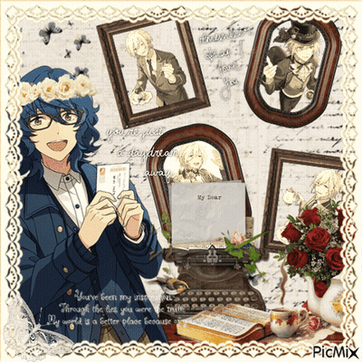 A Picture Of A Man With Glasses And A Flower Crown Holding A Card That Says " My Dear " GIF