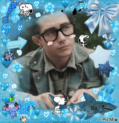 A Picture Of A Man With Glasses And Snoopy Surrounded By Blue Hearts GIF