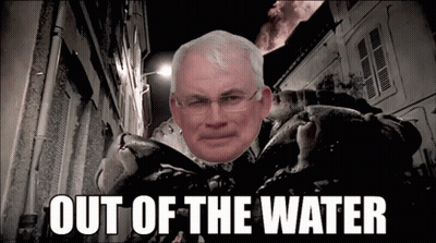 A Picture Of A Man With Glasses And The Words Out Of The Water Below Him GIF