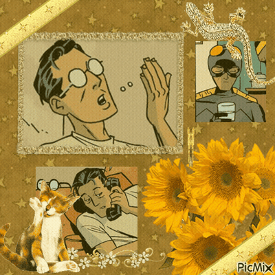 A Picture Of A Man With Glasses Is Surrounded By Flowers And A Cat GIF