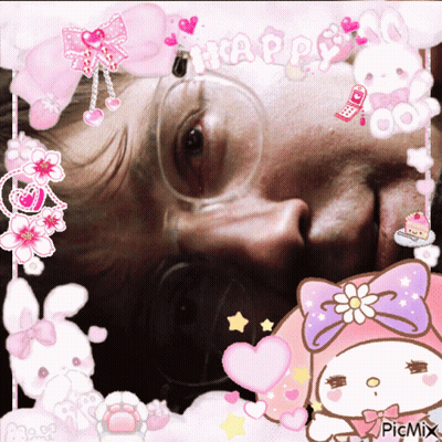 A Picture Of A Man With Glasses Surrounded By Pink Hearts And Flowers With The Words Happy On Top GIF