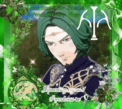 A Picture Of A Man With Green Hair And The Words " Good Morning Dear Friend Have A Peaceful Day Hugs " On It GIF