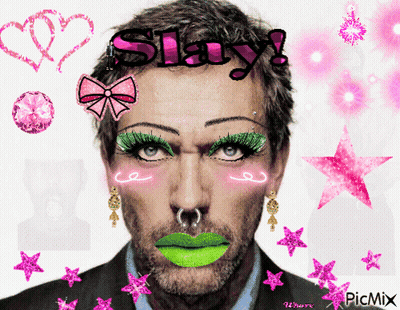 A Picture Of A Man With Green Makeup And The Word Slay Written On It GIF
