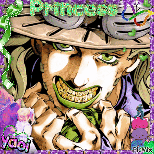 A Picture Of A Man With Green Teeth That Says Princess On It GIF