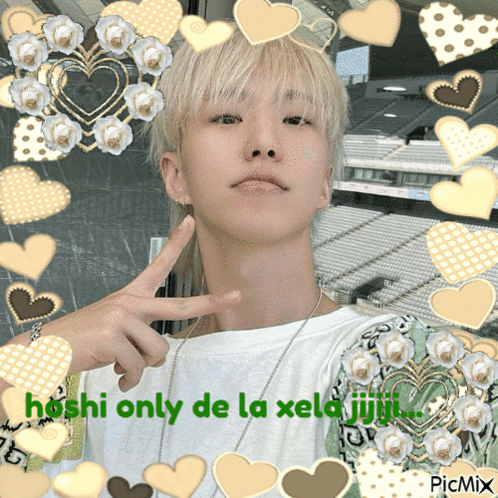 A Picture Of A Man With Hearts Around Him And The Words Hoshi Only De La Xela Jijii GIF