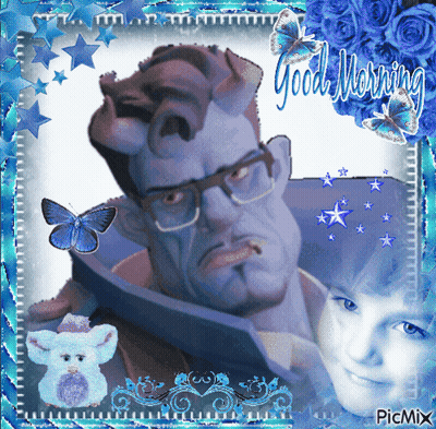 A Picture Of A Man With Horns And The Words Good Morning Written On It GIF