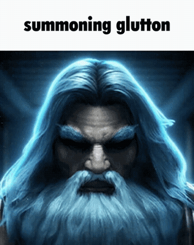 A Picture Of A Man With Long Blue Hair And A Beard With The Words Summoning Glutton Above Him GIF