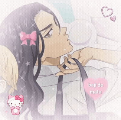 A Picture Of A Man With Long Hair And A Hello Kitty On It GIF