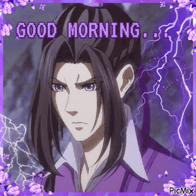 A Picture Of A Man With Long Hair And The Words Good Morning On It GIF