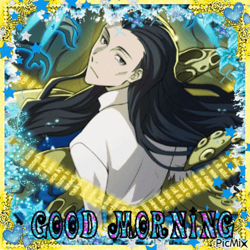 A Picture Of A Man With Long Hair And The Words Good Morning On The Bottom GIF