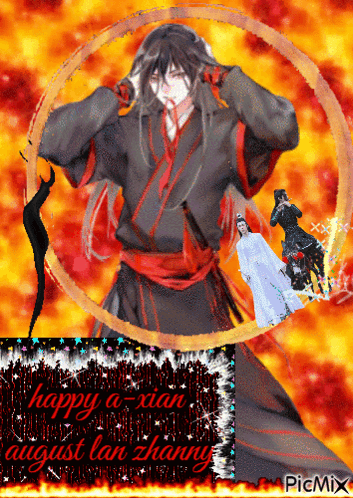 A Picture Of A Man With Long Hair And The Words Happy A-Xian August Lan Zhang On It GIF