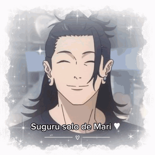A Picture Of A Man With Long Hair And The Words Suguru Solo De Mari Below Him GIF