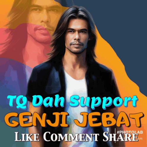 A Picture Of A Man With Long Hair And The Words To Dah Support Genji Jebat GIF