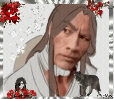 A Picture Of A Man With Long Hair Is Surrounded By Red Roses And A Black Cat GIF
