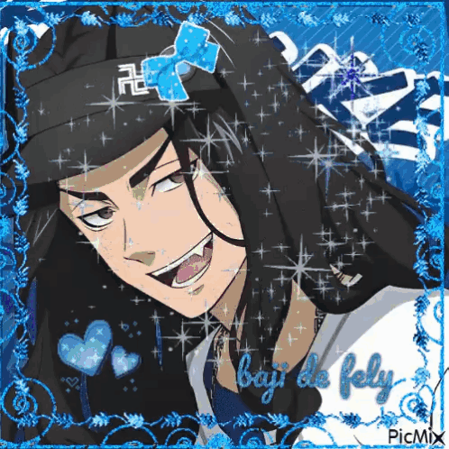 A Picture Of A Man With Long Hair Wearing A Hat With A Blue Bow . GIF