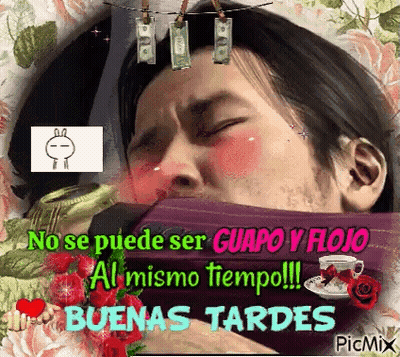 A Picture Of A Man With Money Hanging From His Head And The Words " No Se Puede Ser Guapo Y Flojo " GIF