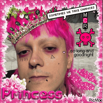 A Picture Of A Man With Pink Hair And A Crown That Says Princess On The Bottom GIF