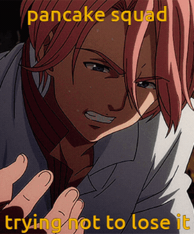 A Picture Of A Man With Pink Hair And The Words Pancake Squad Trying Not To Lose It On The Bottom GIF