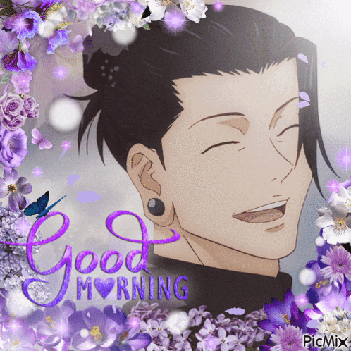 A Picture Of A Man With Purple Flowers And The Words Good Morning On The Bottom GIF