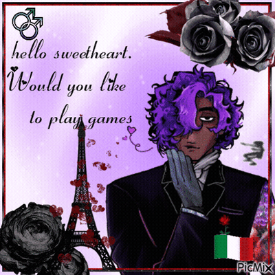 A Picture Of A Man With Purple Hair And The Words Hello Sweetheart Would You Like To Play Games On The Bottom GIF