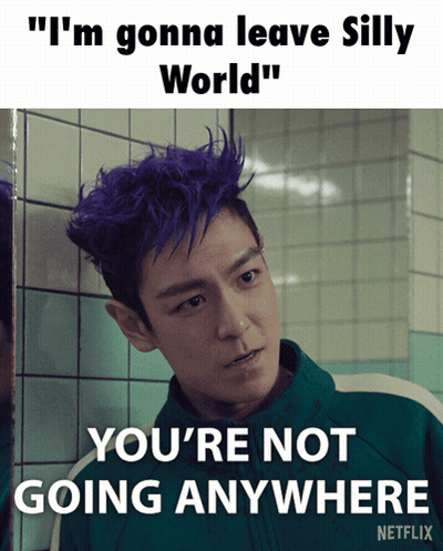 A Picture Of A Man With Purple Hair And The Words " I 'M Gonna Leave Silly World " GIF