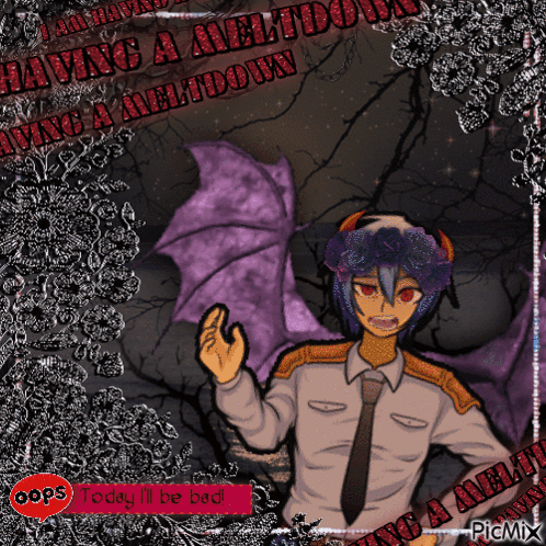 A Picture Of A Man With Purple Wings And The Words Oops Today I 'Ll Be Bad On The Bottom GIF