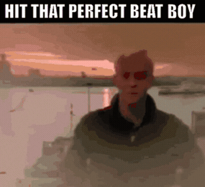 A Picture Of A Man With Red Eyes And The Words Hit That Perfect Beat Boy GIF