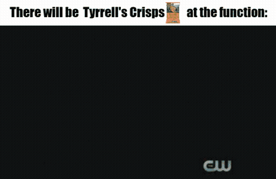 A Picture Of A Man With Red Eyes And The Words There Will Be Tyrrell 'S Crisps At The Function GIF