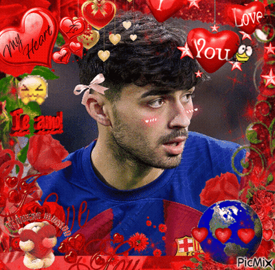 A Picture Of A Man With Red Hearts And The Words " My Heart " GIF