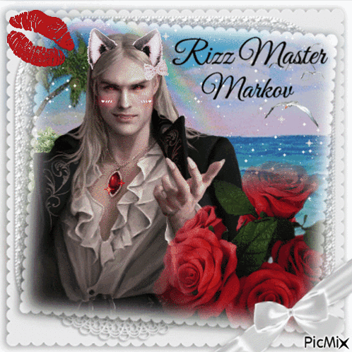 A Picture Of A Man With Roses And The Name Rizz Master Markov On It GIF