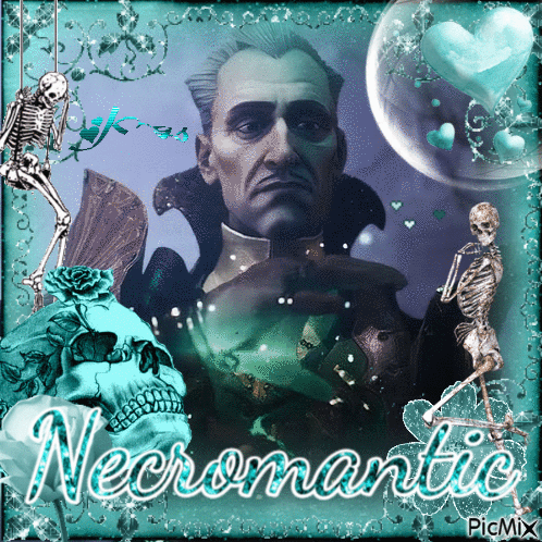 A Picture Of A Man With Skulls And The Words Necromantic GIF