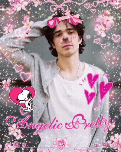 A Picture Of A Man With Snoopy And The Words Angelic Pretty On It GIF