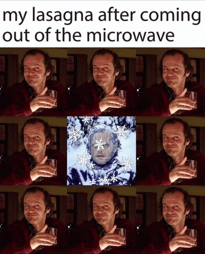 A Picture Of A Man With Snowflakes On His Face And The Words My Lasagna After Coming Out Of The Microwave GIF