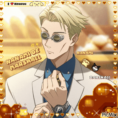 A Picture Of A Man With Sunglasses And The Words Nanami De Marshall On It GIF