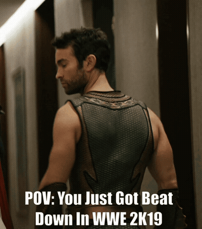 A Picture Of A Man With The Caption " Pov You Just Got Beat Down In Wwe 2K19 " GIF