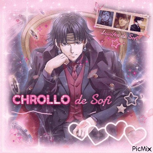 A Picture Of A Man With The Name Chrollo De Soft On The Bottom GIF