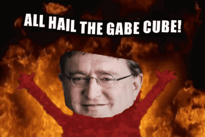 A Picture Of A Man With The Words " All Hail The Gabe Cube " Above Him GIF