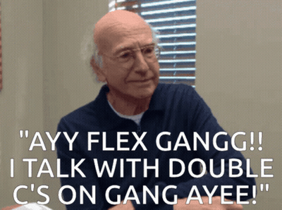 A Picture Of A Man With The Words " Ayy Flex Gangg !! Talk With Double C 'S On Gang Ayee " GIF