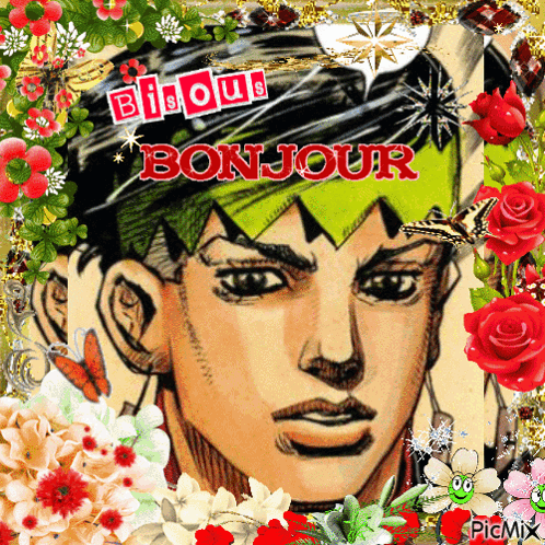 A Picture Of A Man With The Words Bijou Bonjour Written On It GIF