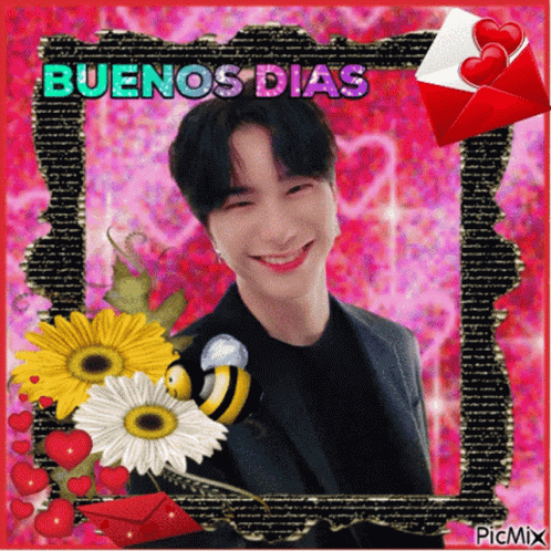 A Picture Of A Man With The Words Buenos Dias Written On It GIF
