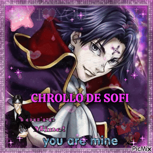 A Picture Of A Man With The Words Chrollo De Sofi On It GIF