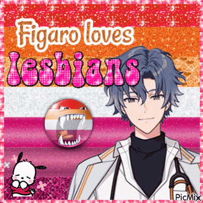 A Picture Of A Man With The Words Figaro Loves Lesbians Written On It GIF