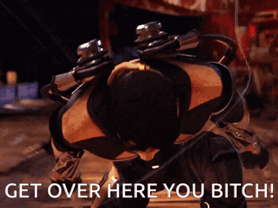 A Picture Of A Man With The Words Get Over Here You Bitch On It GIF