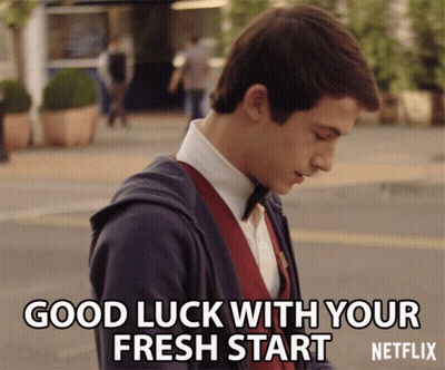 A Picture Of A Man With The Words " Good Luck With Your Fresh Start " On The Bottom GIF