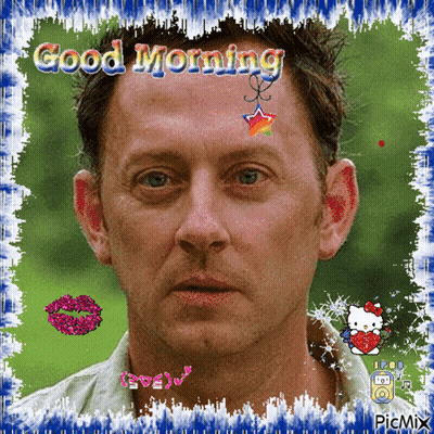 A Picture Of A Man With The Words " Good Morning " Written On It GIF