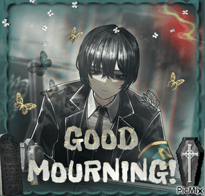 A Picture Of A Man With The Words Good Mourning Written On It GIF