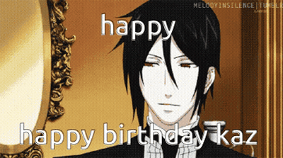 A Picture Of A Man With The Words Happy Birthday Kaz Written On It GIF