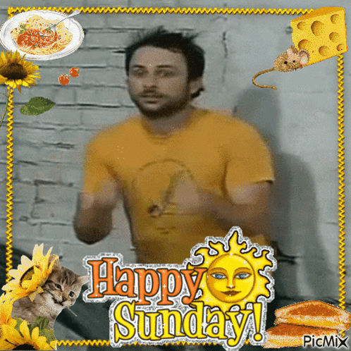 A Picture Of A Man With The Words Happy Sunday In The Corner GIF